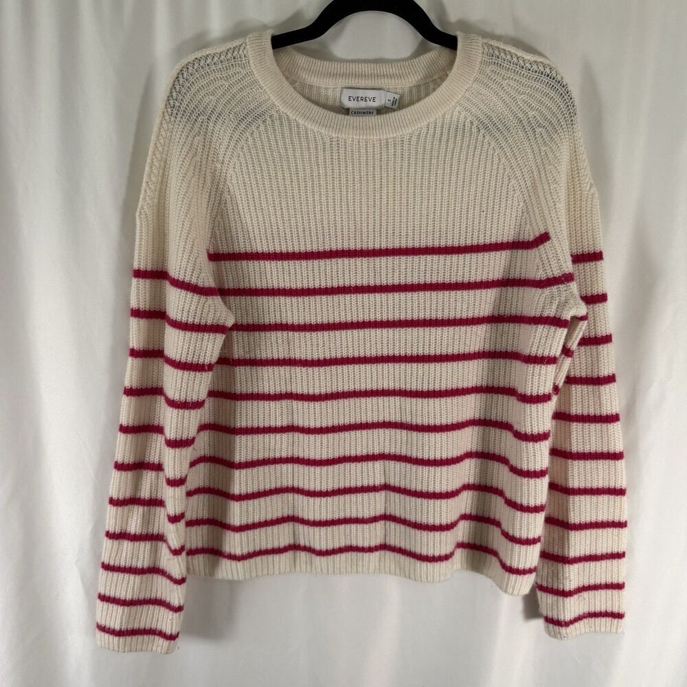 Evereve 100% Cashmere Sweater Women's Small White Pink Striped Knit Round Neck